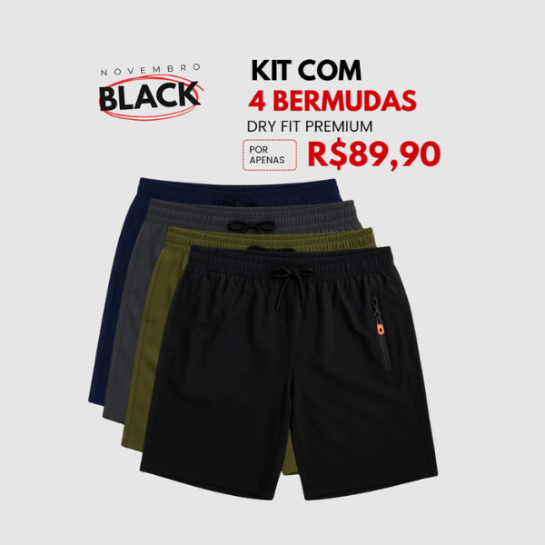 Kit 4 Bermudas DryFit Premium zenith Performance - Secagem rápida, Bolso com Zíper e Ajuste Anatômico | FRETE GRÁTIS