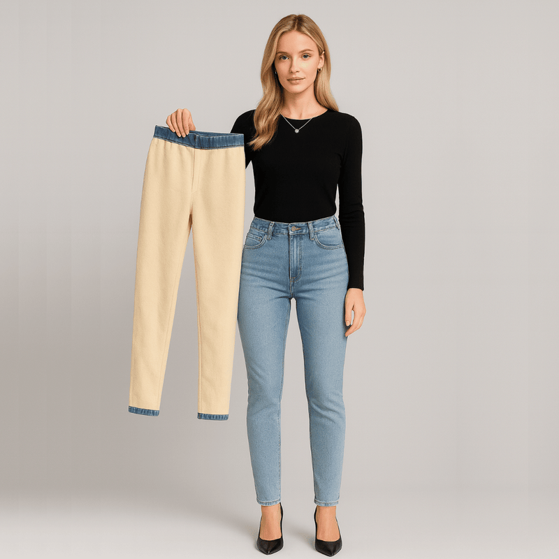 Calça Jeans Feminina com Elastano Peluciada Forglows + Meia Térmica